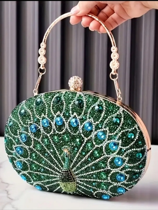 Handbags - Elegant Green Crystal Clutch With Long Shoulder Chaim And Gold Handle